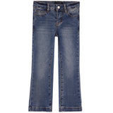 A pair of medium-wash blue denim jeans with a straight-leg or bootcut fit, shown flat against a solid white background.