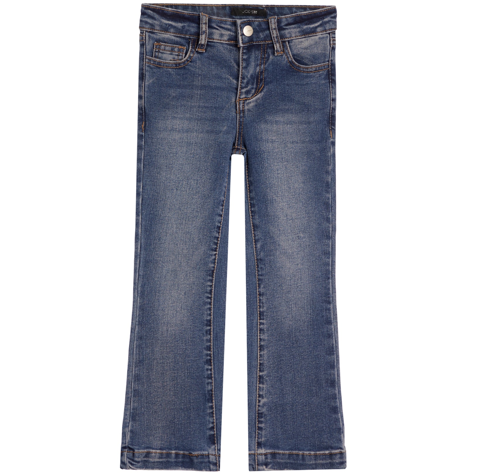 A pair of medium-wash blue denim jeans with a straight-leg or bootcut fit, shown flat against a solid white background.