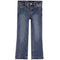 A pair of medium-wash blue denim jeans with a straight-leg or bootcut fit, shown flat against a solid white background.