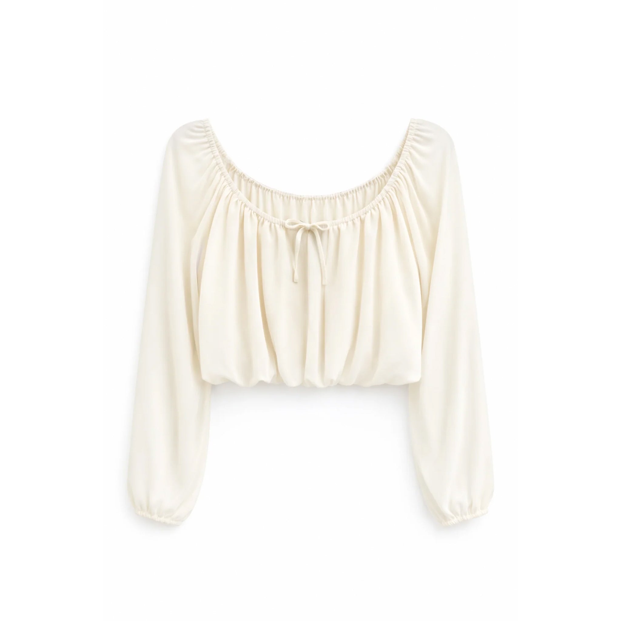 An off-white long-sleeve crop top with a gathered, ruffled neckline and a small front tie detail, shown against a plain white background.