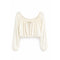 An off-white long-sleeve crop top with a gathered, ruffled neckline and a small front tie detail, shown against a plain white background.