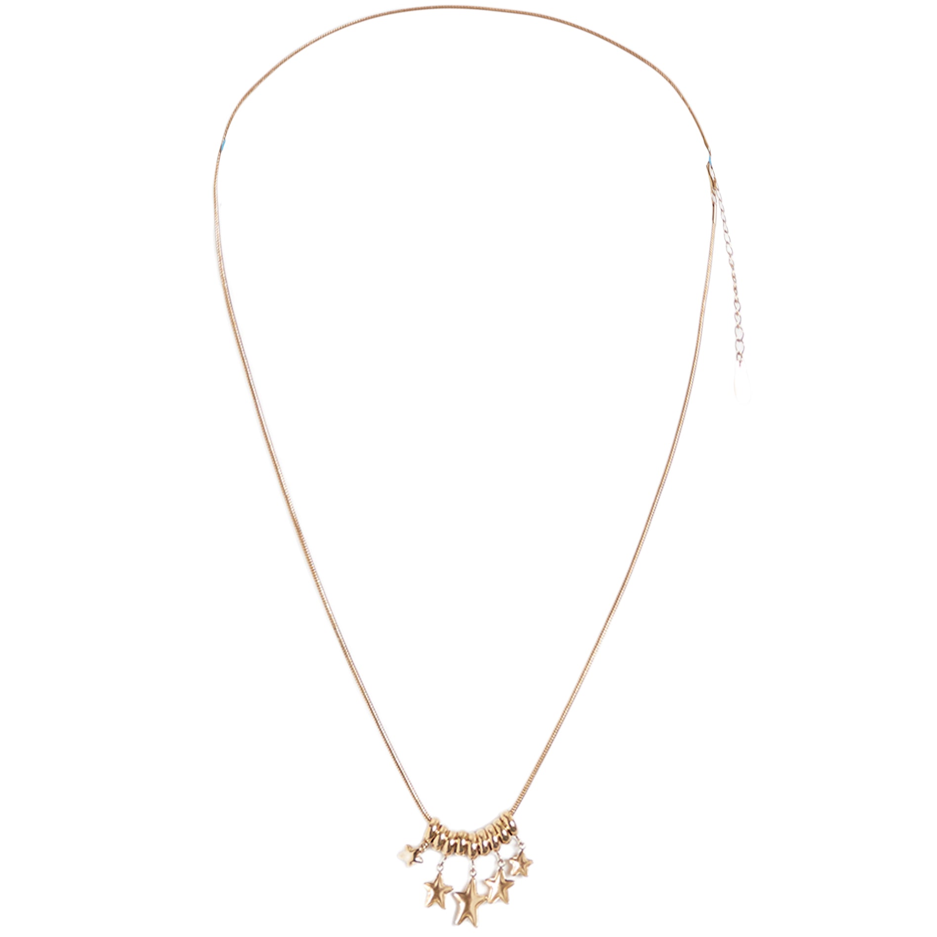 A delicate gold chain necklace featuring a central cluster of small gold beads and dangling star charms, displayed against a solid white background.