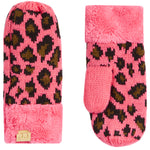A pair of pink knit mittens with a leopard print pattern and fluffy faux-fur trim, shown on a plain white background.