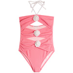 1pc White Roses Cut Out Bathing Suit - Denny's