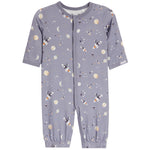 A baby's long-sleeve footless button-up sleeper in a dusty lavender-gray color, featuring an all-over space print with rockets, astronauts, planets, and stars.