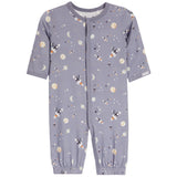 A baby's long-sleeve footless button-up sleeper in a dusty lavender-gray color, featuring an all-over space print with rockets, astronauts, planets, and stars.