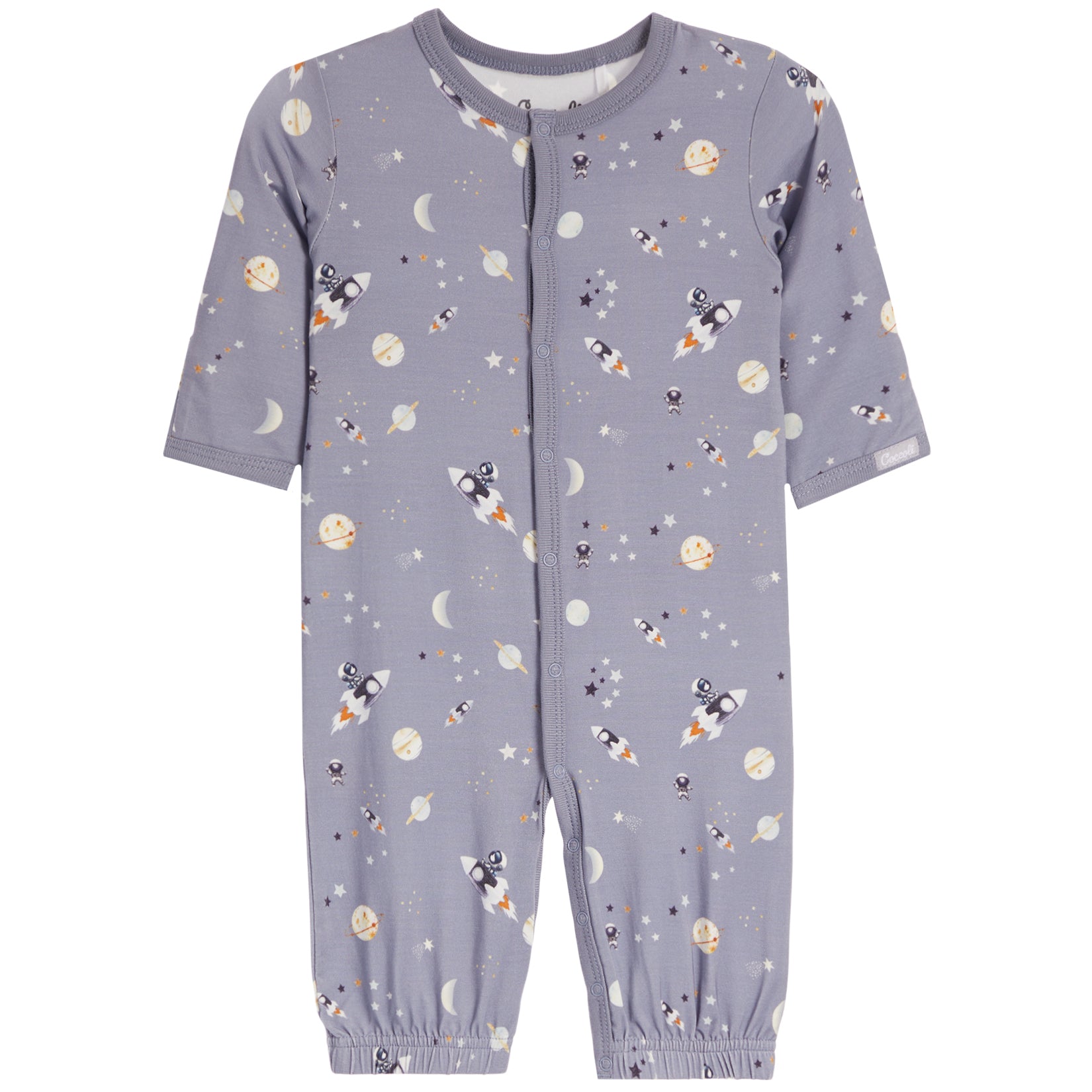 A baby's long-sleeve footless button-up sleeper in a dusty lavender-gray color, featuring an all-over space print with rockets, astronauts, planets, and stars.