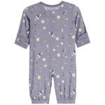 A baby's long-sleeve footless one-piece jumpsuit in a dusty purple-gray color, decorated with a playful space-themed print of astronauts, rockets, planets, and stars.