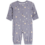 A baby's long-sleeve footless one-piece jumpsuit in a dusty purple-gray color, decorated with a playful space-themed print of astronauts, rockets, planets, and stars.