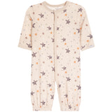 A baby's short-sleeve footless one-piece jumpsuit in a warm cream color, decorated with an all-over pattern of stars in brown, orange, and light blue, and small dots. It features a snap-button front closure and elastic cuffs.