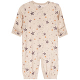 A baby long-sleeve footless one-piece jumpsuit in a warm beige color, decorated with an all-over pattern of stars in dark brown, orange, and light gray, shown against a plain white background.