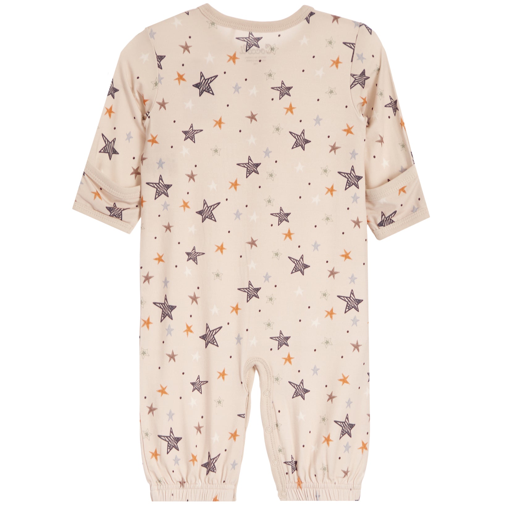 A baby long-sleeve footless one-piece jumpsuit in a warm beige color, decorated with an all-over pattern of stars in dark brown, orange, and light gray, shown against a plain white background.