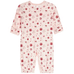 A baby long-sleeve footless one-piece jumpsuit in light pink with an all-over dark pink floral and leaf pattern, shown flat on a white background.