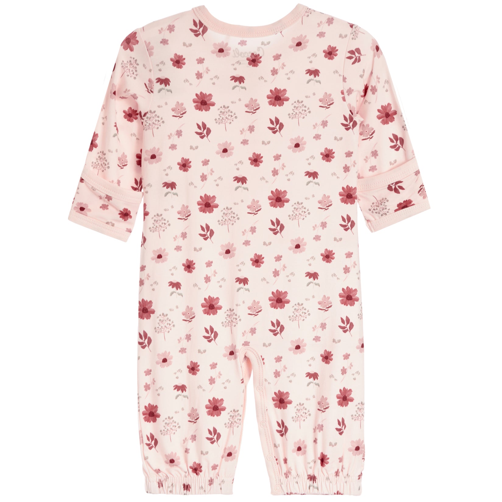 A baby long-sleeve footless one-piece jumpsuit in light pink with an all-over dark pink floral and leaf pattern, shown flat on a white background.