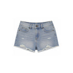 Light wash blue denim shorts with distressed details and a frayed hem, shown flat on a white background.