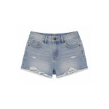 Light wash blue denim shorts with distressed details and a frayed hem, shown flat on a white background.