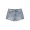 Light wash blue denim shorts with distressed details and a frayed hem, shown flat on a white background.