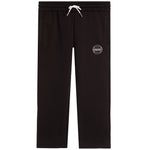Black sweatpants with a white drawstring and a small white bigger than basketball logo on the left thigh, shown against a plain white background.
