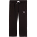 Black sweatpants with a white drawstring and a small white bigger than basketball logo on the left thigh, shown against a plain white background.