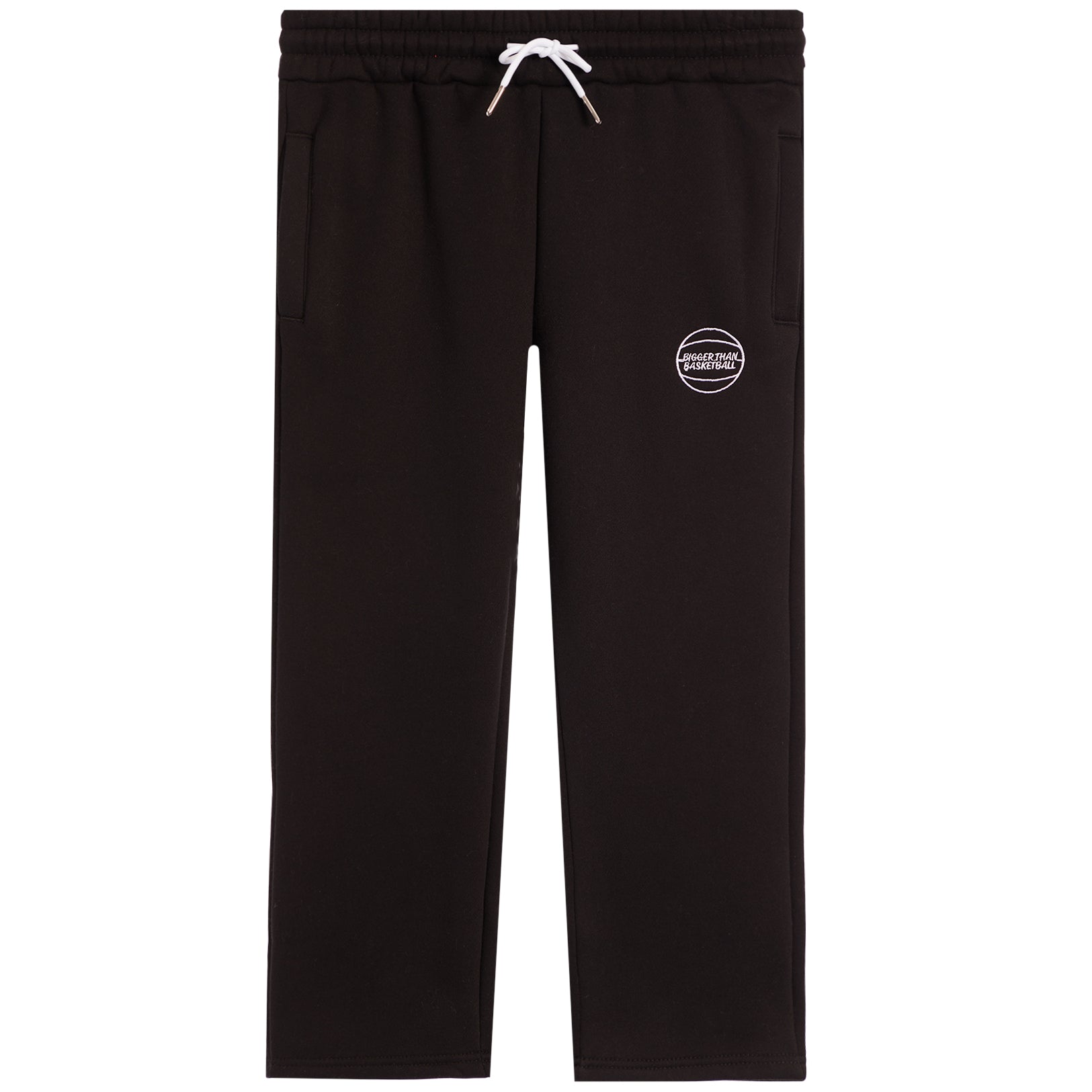Black sweatpants with a white drawstring and a small white bigger than basketball logo on the left thigh, shown against a plain white background.