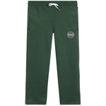 Dark green sweatpants with a white drawstring and a circular white bigger than baskeyball logo on the left thigh, shown flat against a white background.