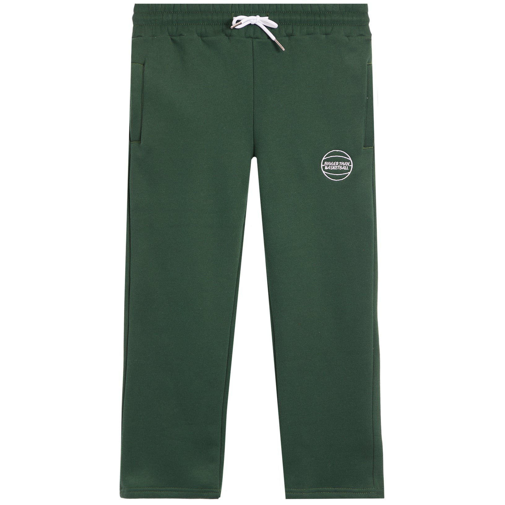 Dark green sweatpants with a white drawstring and a circular white bigger than baskeyball logo on the left thigh, shown flat against a white background.