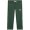 Dark green sweatpants with a white drawstring and a circular white bigger than baskeyball logo on the left thigh, shown flat against a white background.