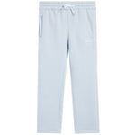 Light blue sweatpants with an elastic waistband, white drawstring, side pockets, and a small bigger than basketball logo on the left thigh.