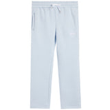 Light blue sweatpants with an elastic waistband, white drawstring, side pockets, and a small bigger than basketball logo on the left thigh.