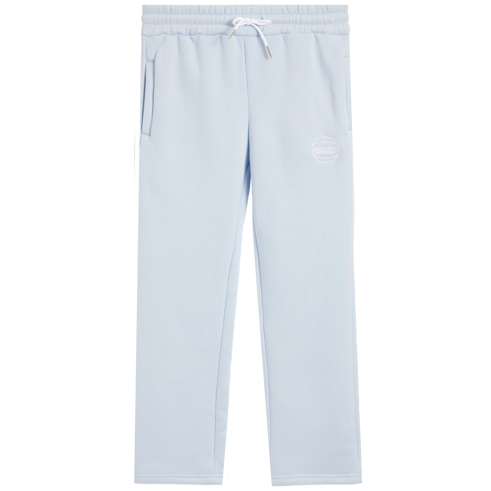 Light blue sweatpants with an elastic waistband, white drawstring, side pockets, and a small bigger than basketball logo on the left thigh.