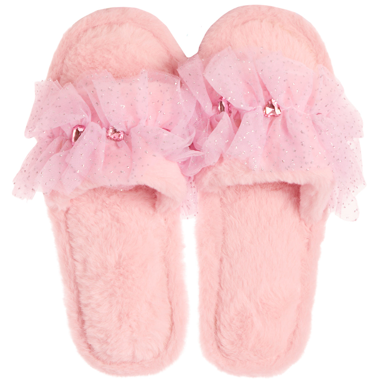A pair of fluffy pink slip-on slippers decorated with layered tulle flower bows and small rhinestone accents, shown on a plain white background.