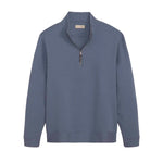 A slate blue ribbed knit quarter-zip sweater with a stand collar, shown flat against a solid white background.