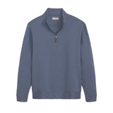 A slate blue ribbed knit quarter-zip sweater with a stand collar, shown flat against a solid white background.