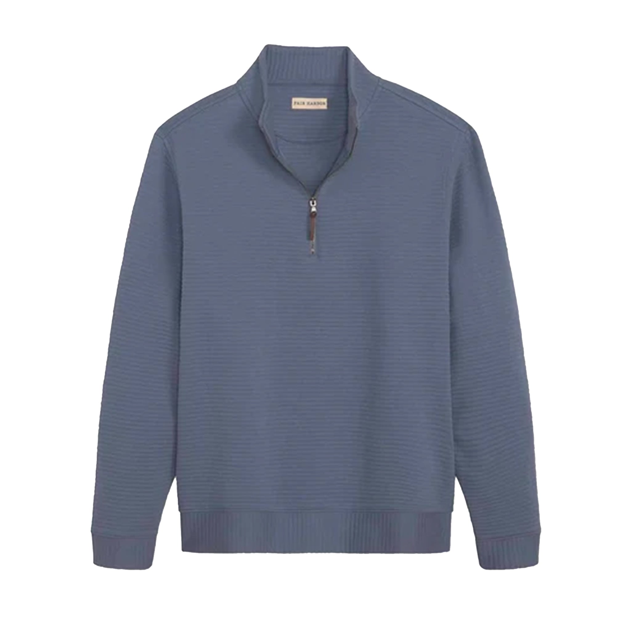 A slate blue ribbed knit quarter-zip sweater with a stand collar, shown flat against a solid white background.