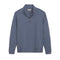 A slate blue ribbed knit quarter-zip sweater with a stand collar, shown flat against a solid white background.