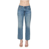 A model from the waist down wearing light blue cropped denim jeans and beige strappy high-heeled sandals, set against a plain white background.