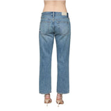 Rear view of a model wearing light blue straight-leg denim jeans with a matching denim belt, paired with beige high-heeled sandals, on a solid white background.