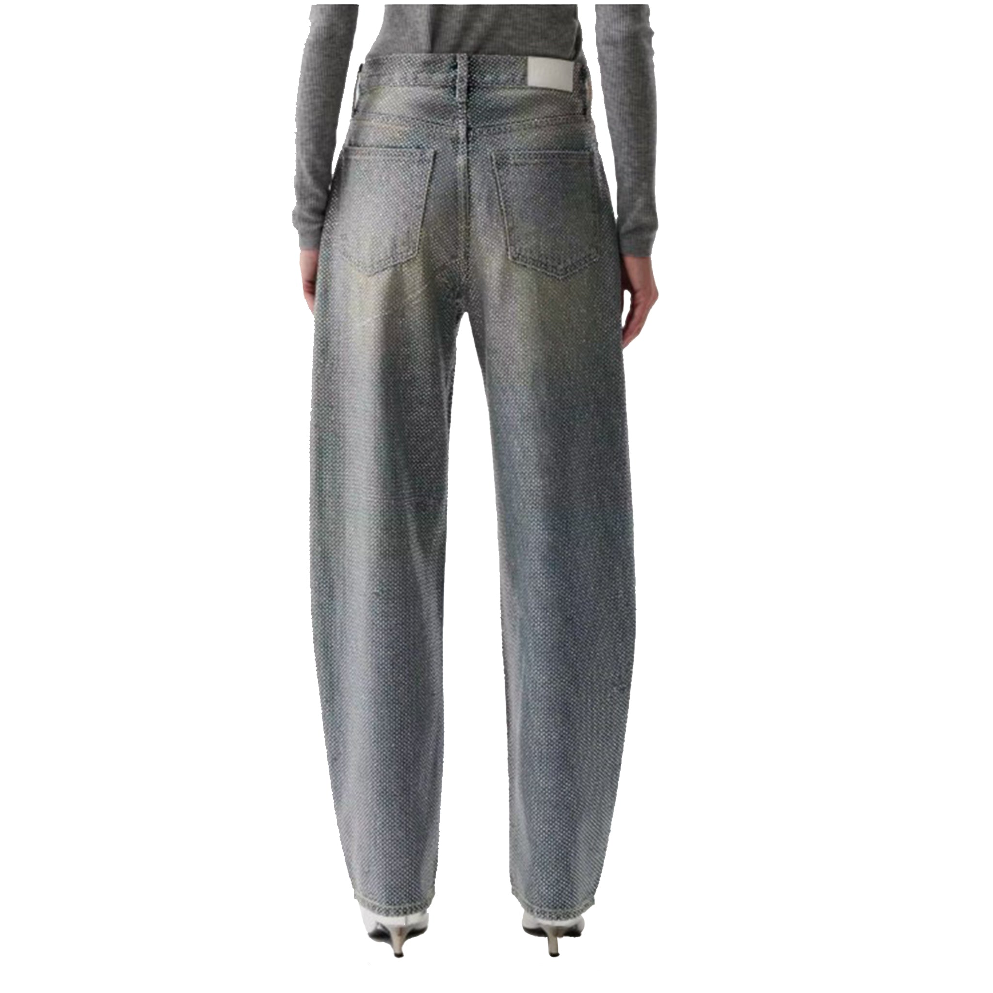 A pair of wide-leg, high-waisted gray denim jeans shown from the back on a model, featuring a faded wash and a small white brand patch on the back waistband.