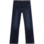 A pair of dark blue slim-fit jeans shown flat against a solid white background.