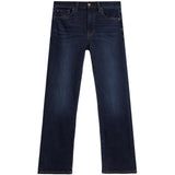 A pair of dark blue slim-fit jeans shown flat against a solid white background.