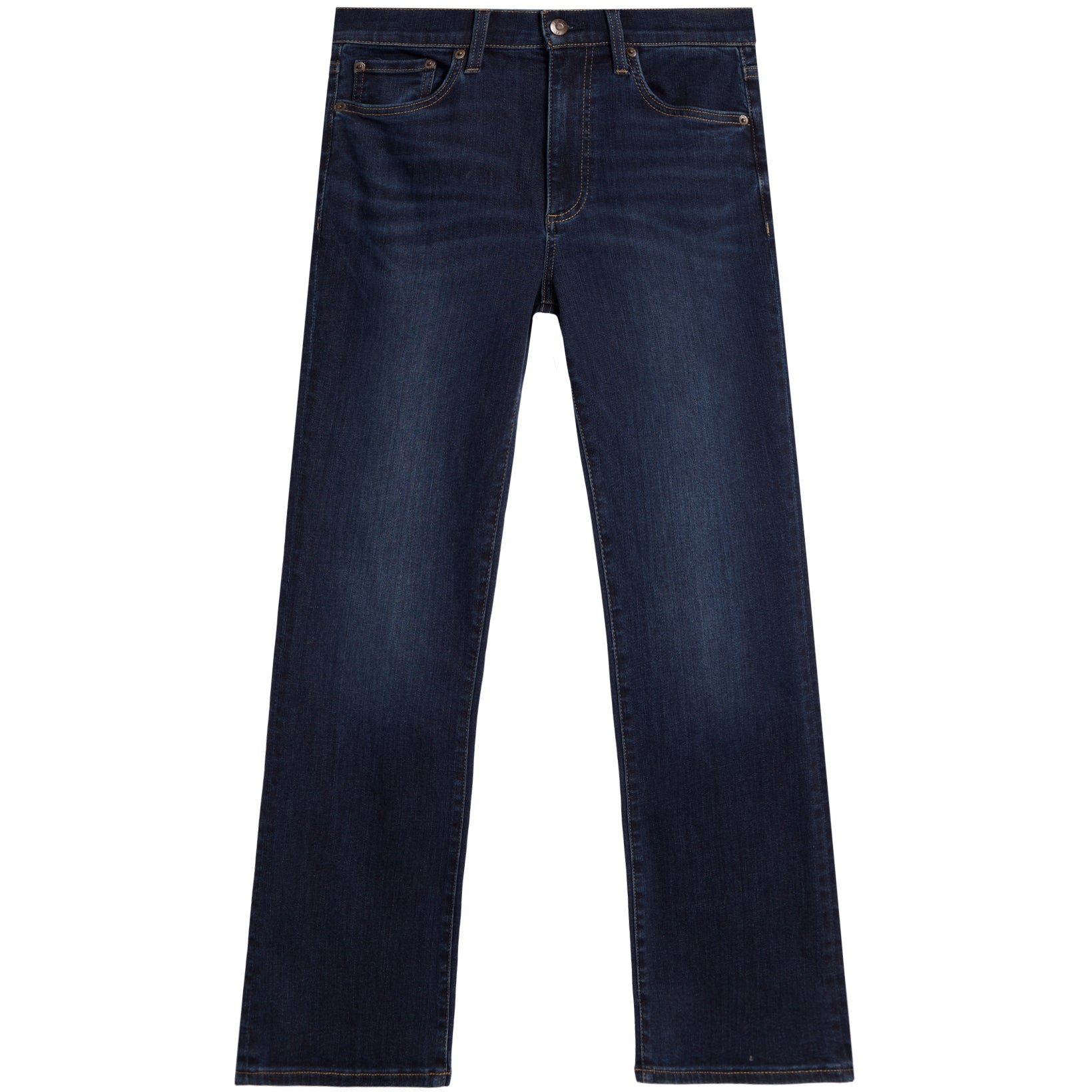 A pair of dark blue slim-fit jeans shown flat against a solid white background.