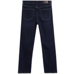 Back view of dark blue denim jeans on a white background, showing the back pockets and a brown leather brand patch at the waistband.