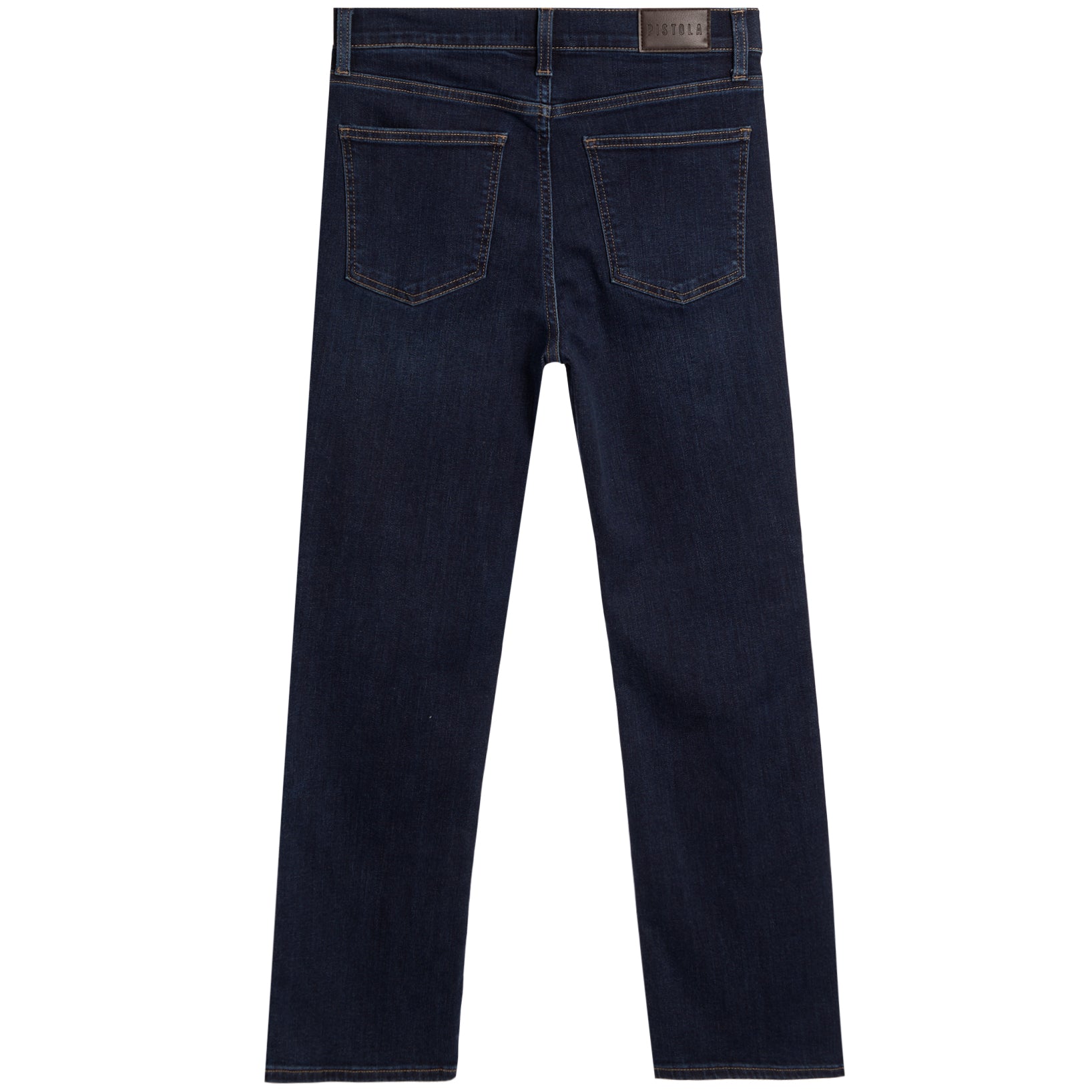 Back view of dark blue denim jeans on a white background, showing the back pockets and a brown leather brand patch at the waistband.