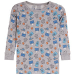A kids' long-sleeve pajama shirt in heather gray with an all-over basketball-themed print featuring blue jerseys, basketballs, sneakers, and socks, shown flat against a white background.