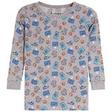 A kids' long-sleeve pajama shirt in heather gray with an all-over basketball-themed print featuring blue jerseys, basketballs, sneakers, and socks, shown flat against a white background.