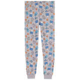 A pair of kids' heather gray pajama pants featuring an all-over print of sports items including basketballs, soccer balls, jerseys, and sneakers in blue, orange, and black. The pants have ribbed ankle cuffs.