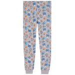 A pair of kids' heather gray pajama pants featuring an all-over print of sports items including basketballs, soccer balls, jerseys, and sneakers in blue, orange, and black. The pants have ribbed ankle cuffs.