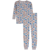 A two-piece children's pajama set featuring a long-sleeve top and matching pants in light gray with an all-over print of blue shopping bags, orange basketballs, and white sneakers.