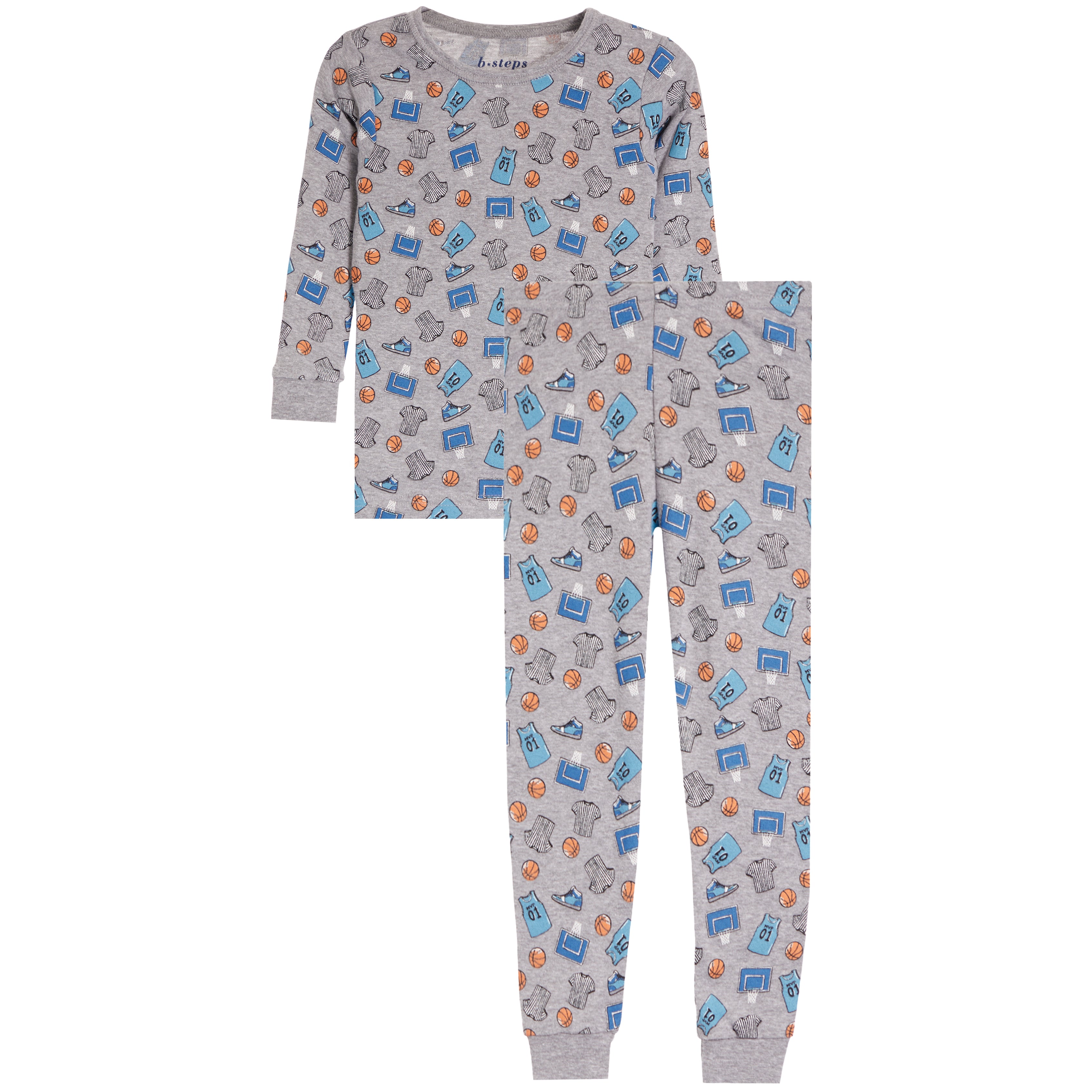 A two-piece children's pajama set featuring a long-sleeve top and matching pants in light gray with an all-over print of blue shopping bags, orange basketballs, and white sneakers.
