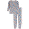 A two-piece children's pajama set featuring a long-sleeve top and matching pants in light gray with an all-over print of blue shopping bags, orange basketballs, and white sneakers.
